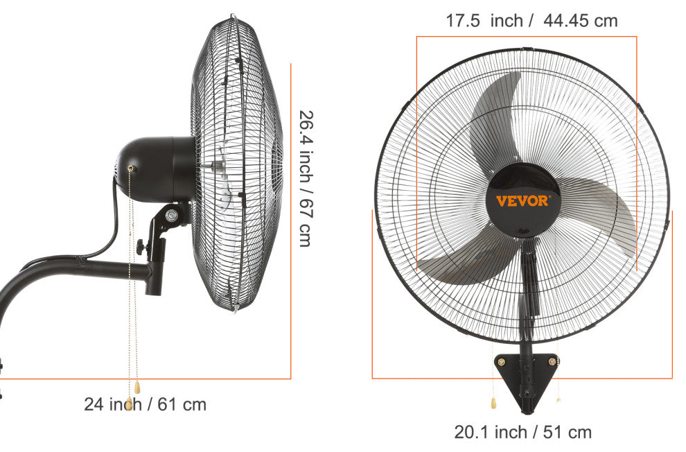VEVOR Industrial Wall Mount Fan Oscillating Metal Fan 3 Speed, 18"