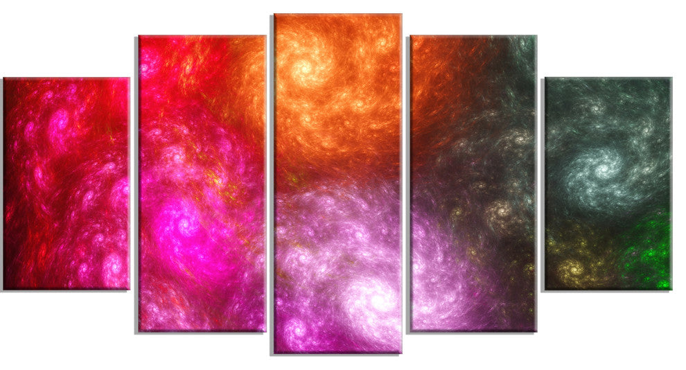 Multi Color Rotating Galaxies, Contemporary Wall Art Canvas, 60"x32", 5 Panels