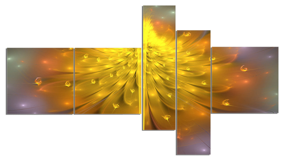 Yellow Fractal Flower with Pink, Floral Art Canvas Print, 60"x32", 5 panels