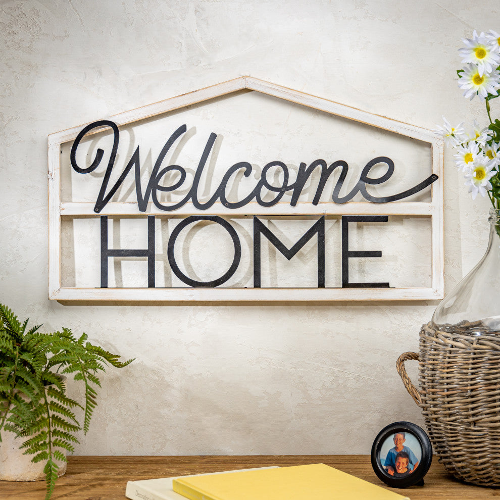 23.63" White and Black Wood and Metal Welcome Home Wall Art