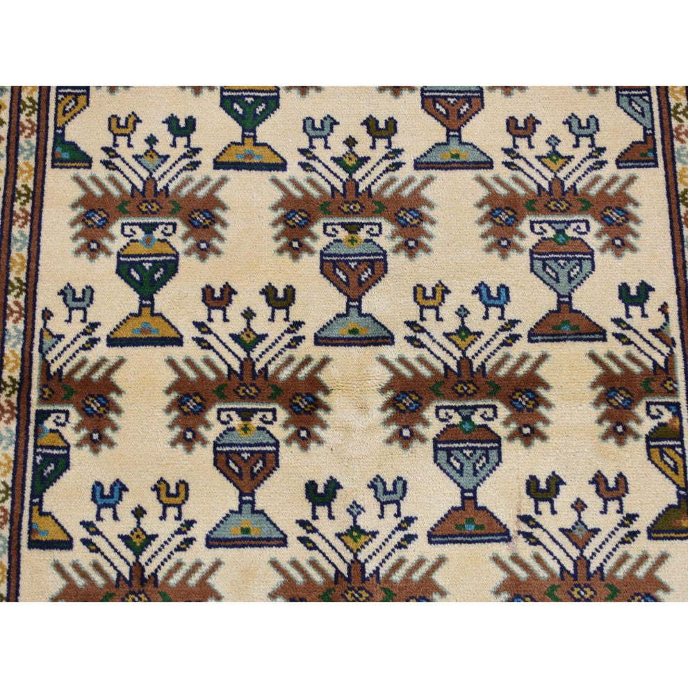 Cream Color Hand Knotted Pure Wool Turkoman Bokara Rug 4'3" x 5'7"
