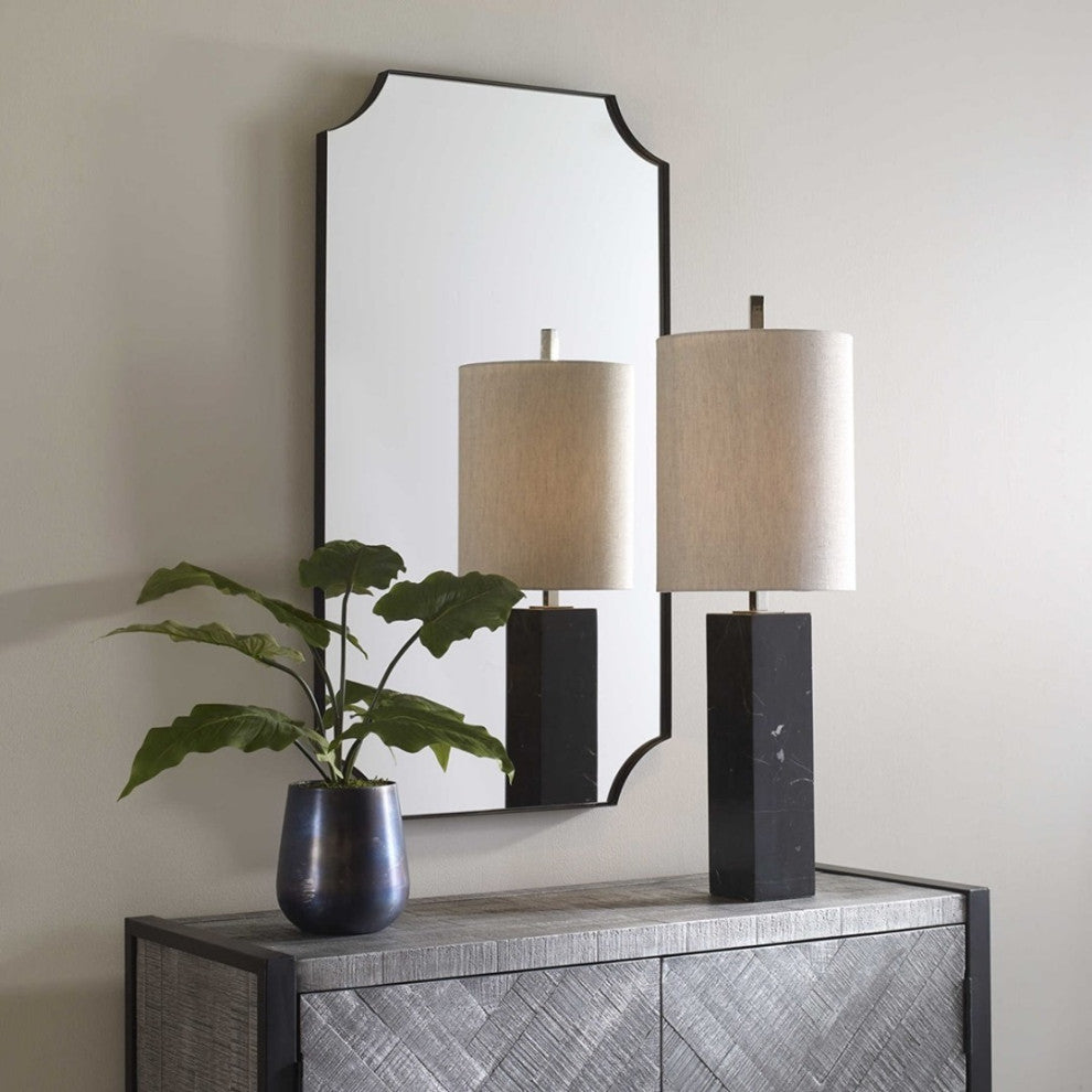Black Marble Column Buffet Accent Lamp, Tall Shade Silver