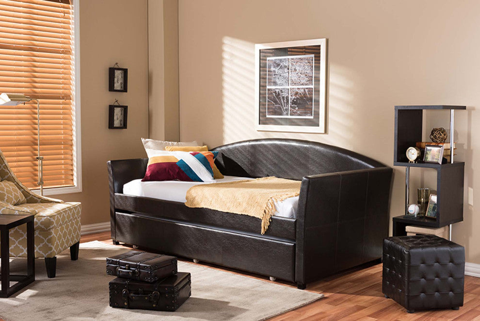 Jasper Faux Leather Arched Back Sofa Twin Daybed With Trundle Bed, Brown