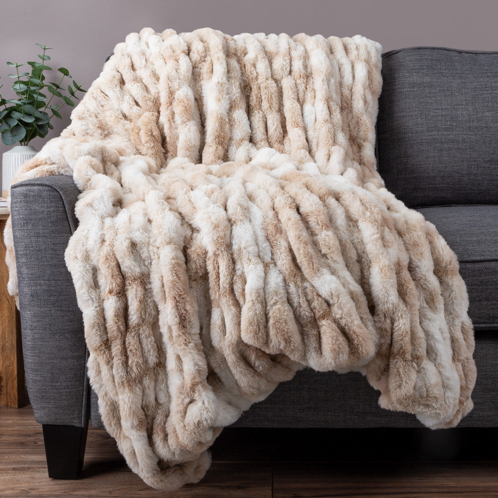 Oversized Ruched Faux Fur Blanket Jacquard Faux Fur Queen-Size Throw, Cream