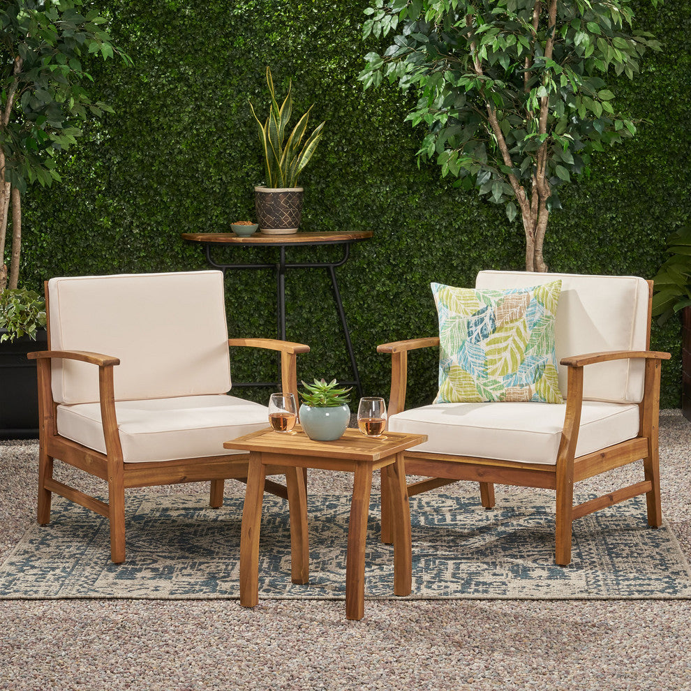 GDF Studio 3-Piece Pearl Outdoor Acacia Wood Chat Set With Cushions, Cream