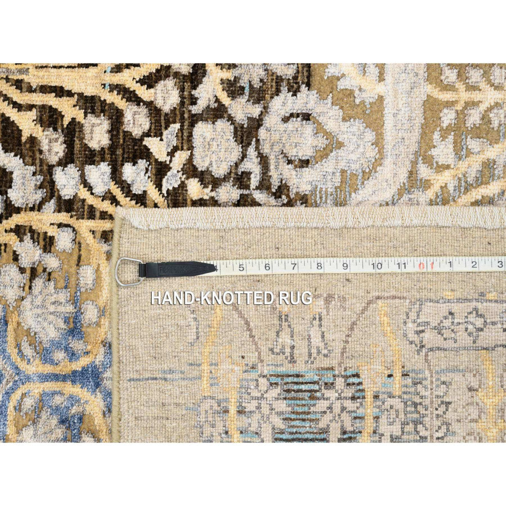 Honey Brown, Silk With Textured Wool, Hand Knotted, Runner, Rug, 4'0" x 12'0"