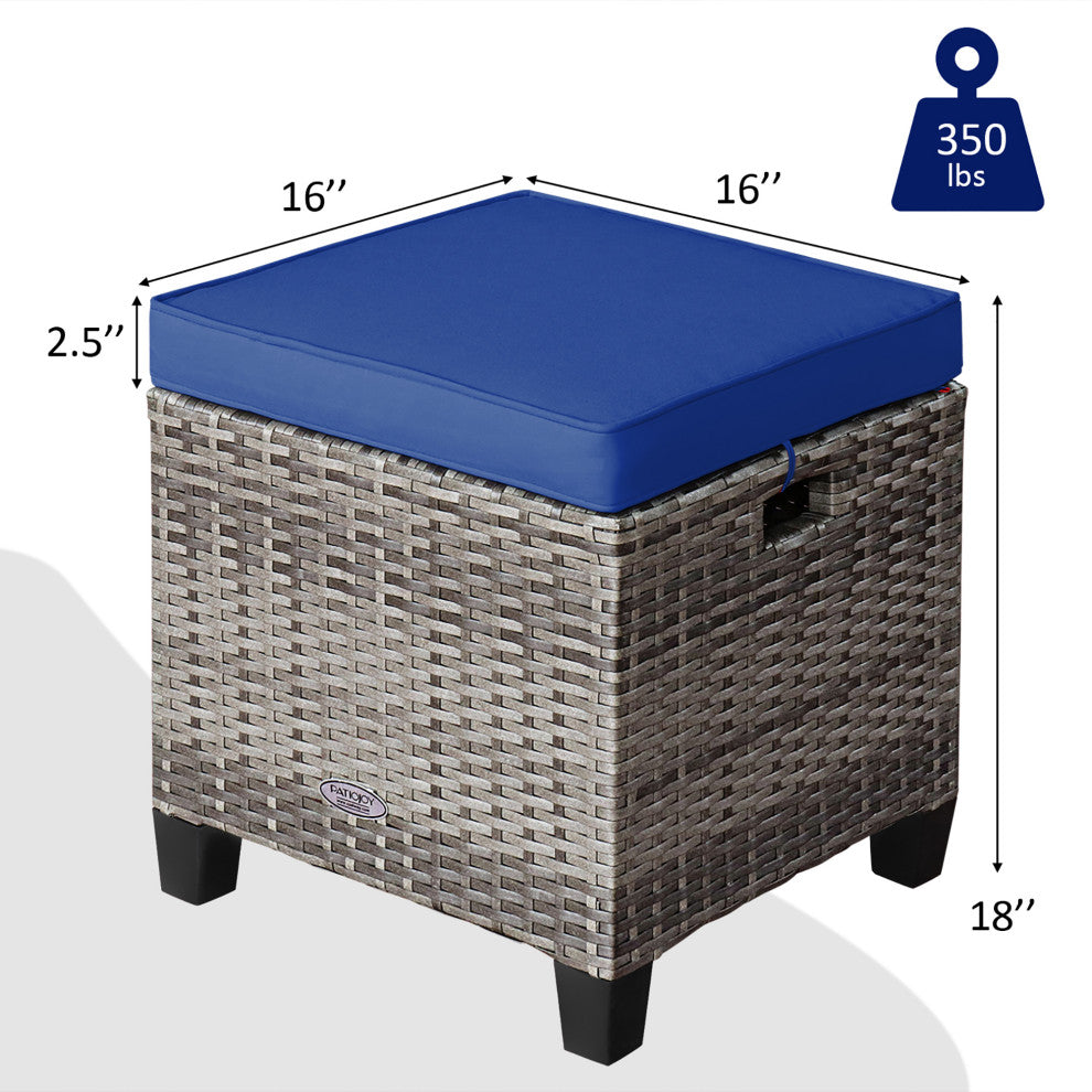 Costway 2PCS Patio Rattan Cushioned Ottoman Seat  Foot Rest Table Navy