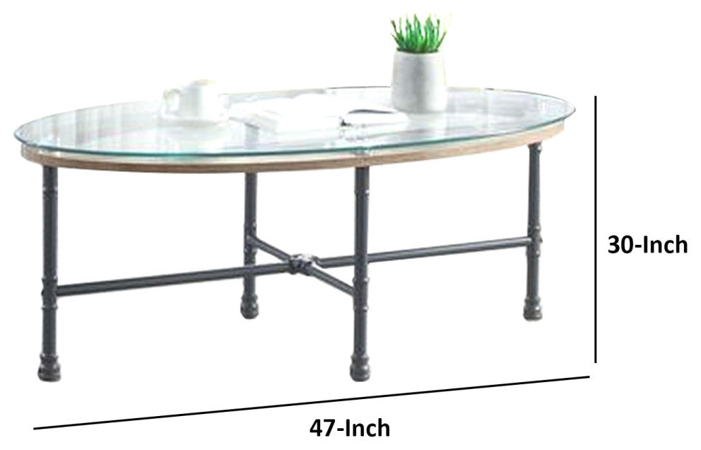Benzara BM251159 Sofa Table With Oval Glass Top and Metal Pipe Style Legs, Gray