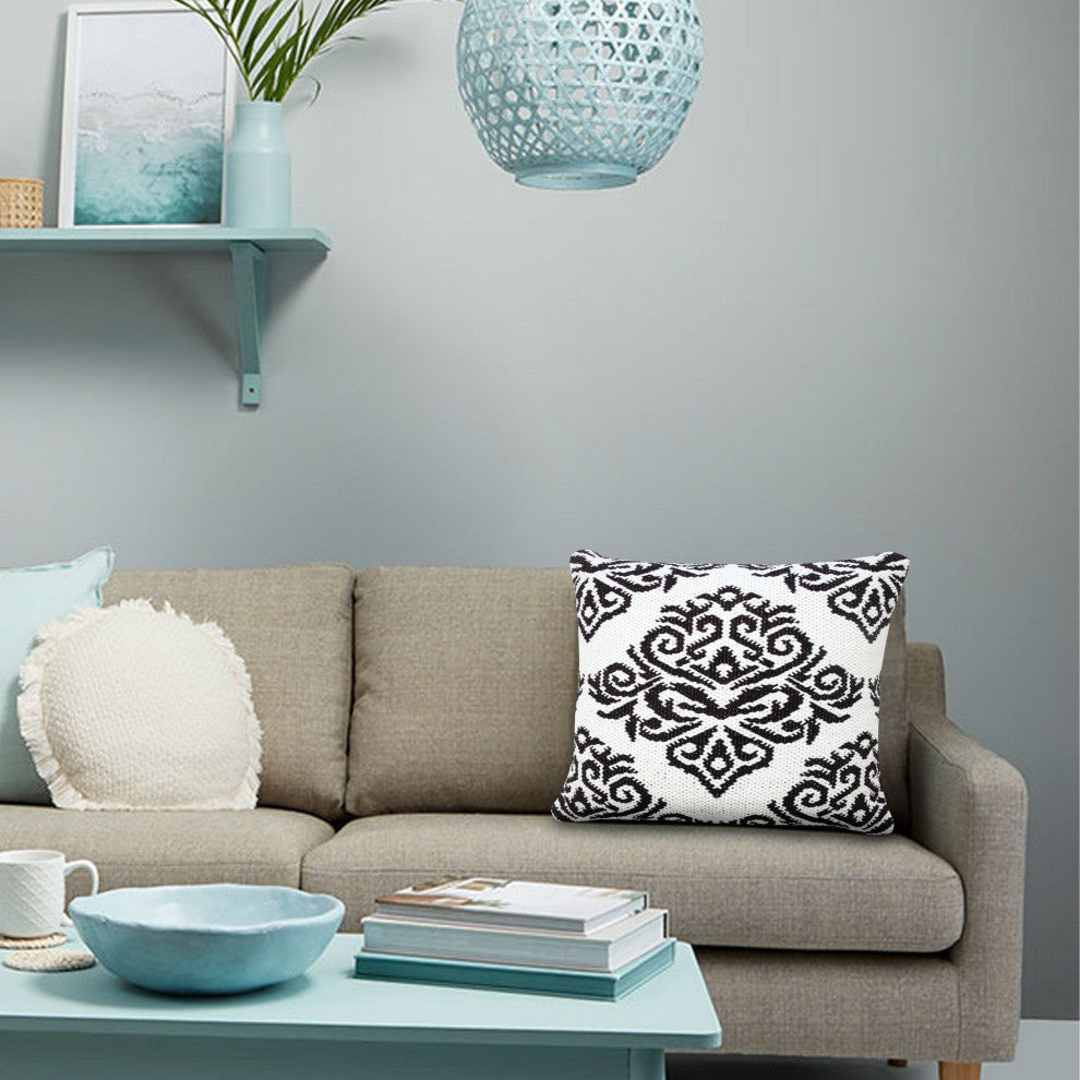 Ox Bay Machine-Made White/Black Medallion Cotton Blend Pillow Cover, 20"x20"
