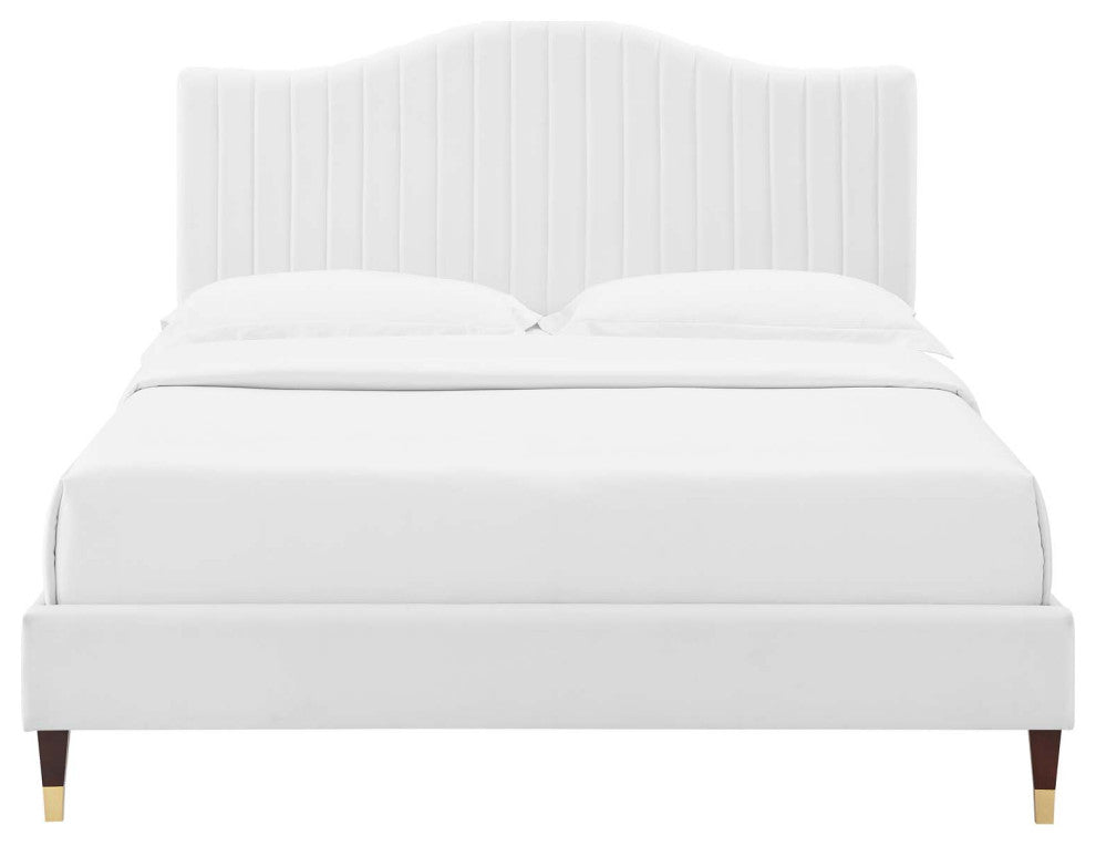 Tufted Platform Bed Frame, Full Size, Velvet, White, Modern Contemporary