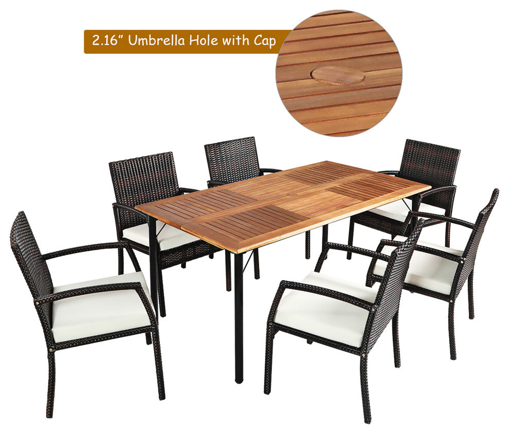 Costway 7PCS Patio Rattan Dining Set Chair Wooden Table Top W/Umbrella Hole