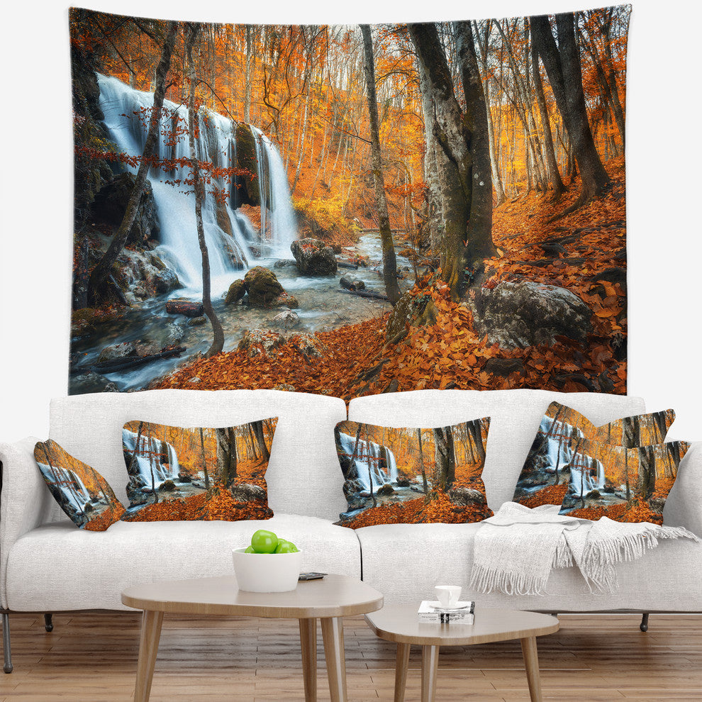 Autumn Mountain Waterfall Close View Landscape Wall Tapestry, 92"x78"