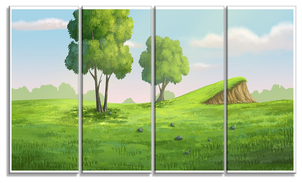 "Green Garden With Mound And Trees" Landscape Wall Art Print, 4 Panels, 48"x28"