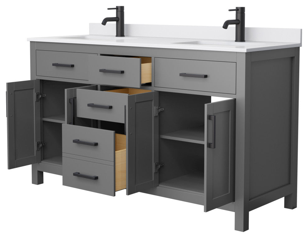 60"DBL Vanity Dark Gray, White Cult. Marble Countertop, Sinks, Black Trim
