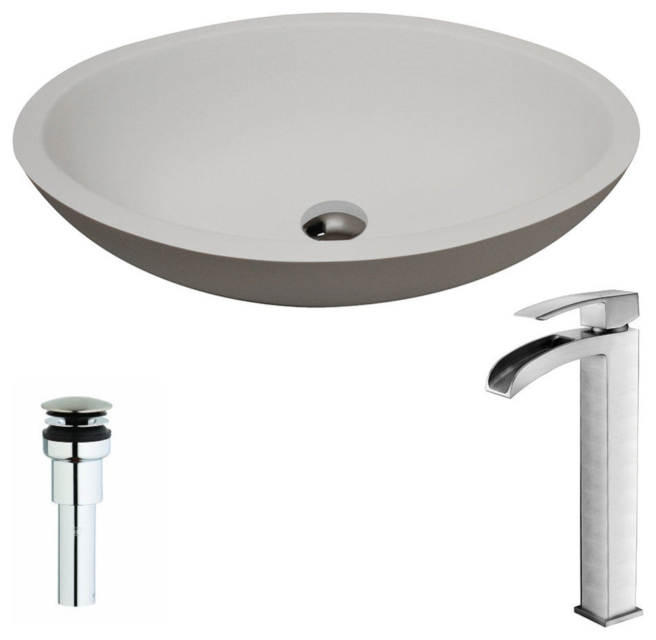 Maine 1-Piece Man Made Stone Sink, Matte White, Key Faucet, Brushed Nickel