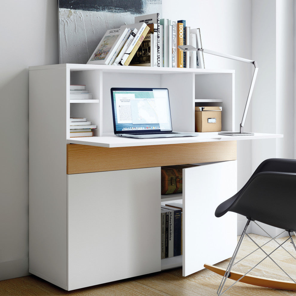 Modern Home Office Desk Hutch, White and Oak