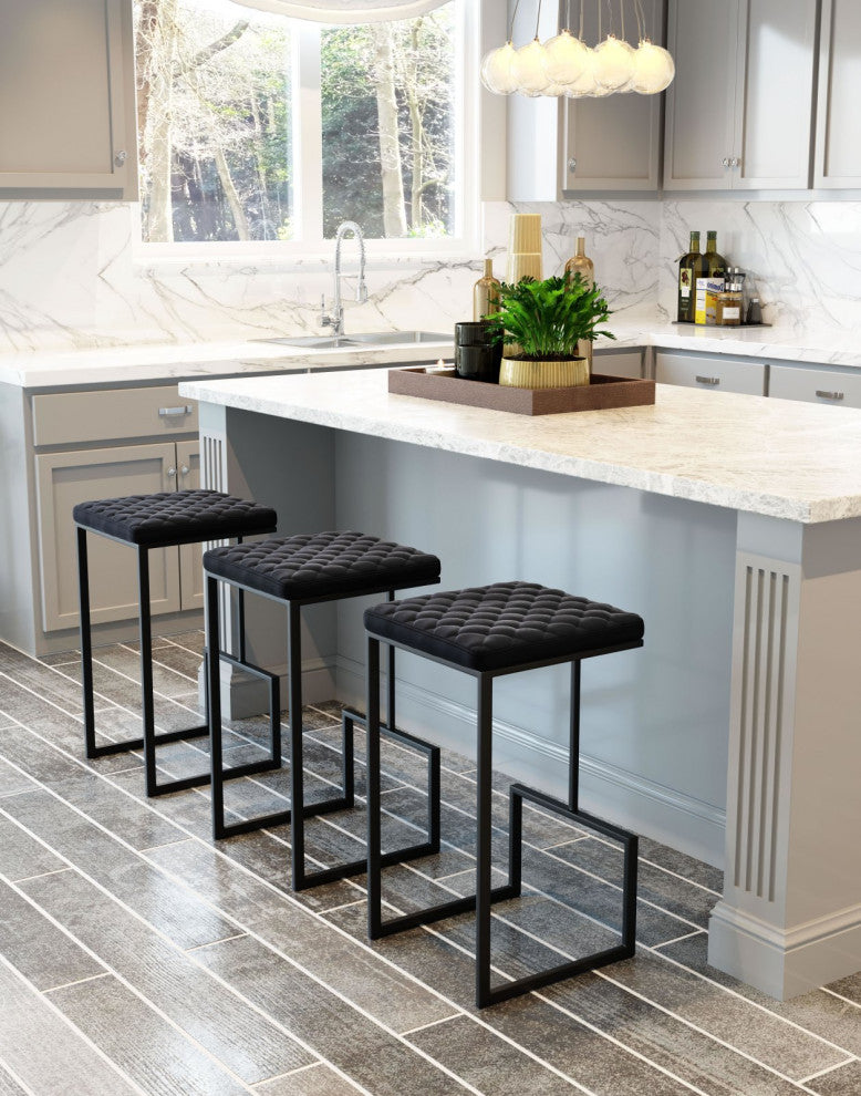 Bar Stool Chair Barstool, Faux Vinyl Leather, Steel, Black, Kitchen Cafe Bistro