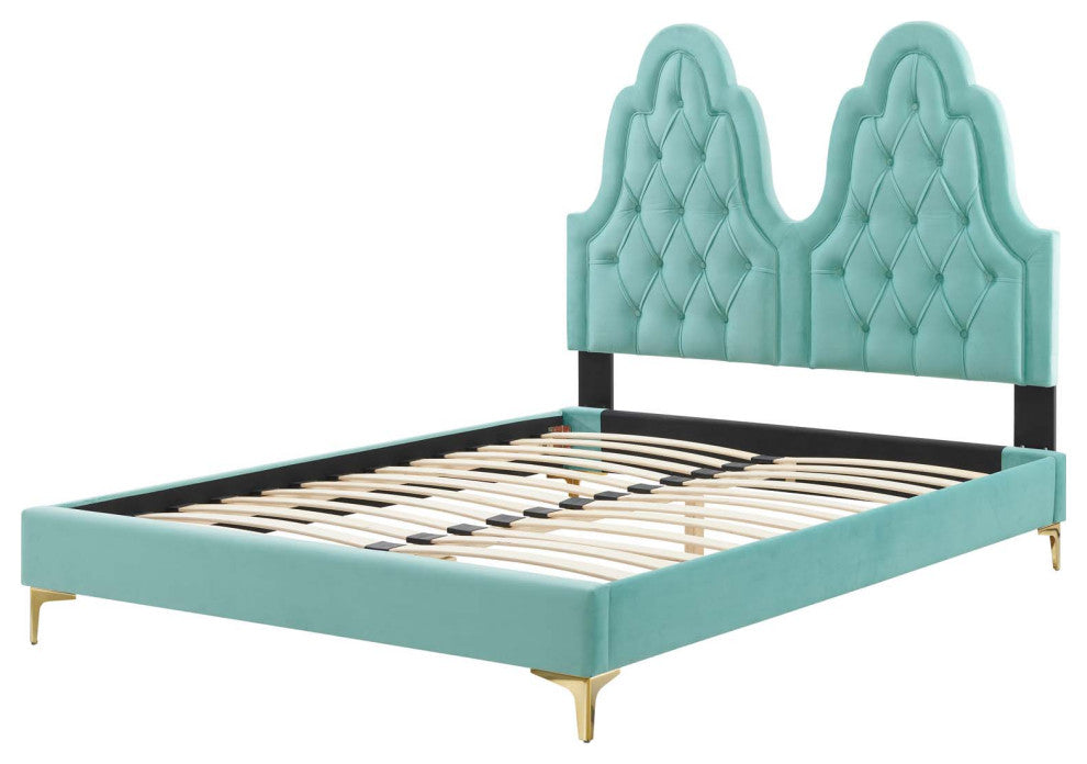 Tufted Platform Bed Frame, Full Size, Velvet, Blue, Modern Contemporary, Bedroom