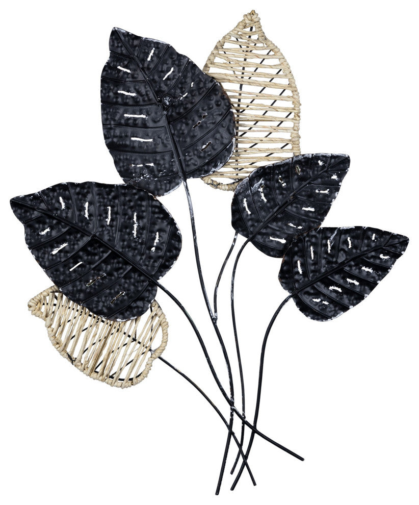 Botanical Metal Wall D"cor With Rattan Detailing