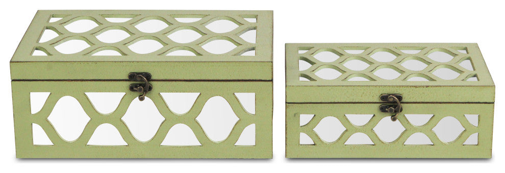 Moroccan Mirrored Wooden Boxes, Blue, Set of 2, Green