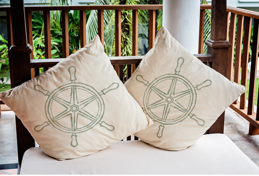 18x18" Large Ship Wheel Nautical Indoor/Outdoor Throw Pillow, Sage