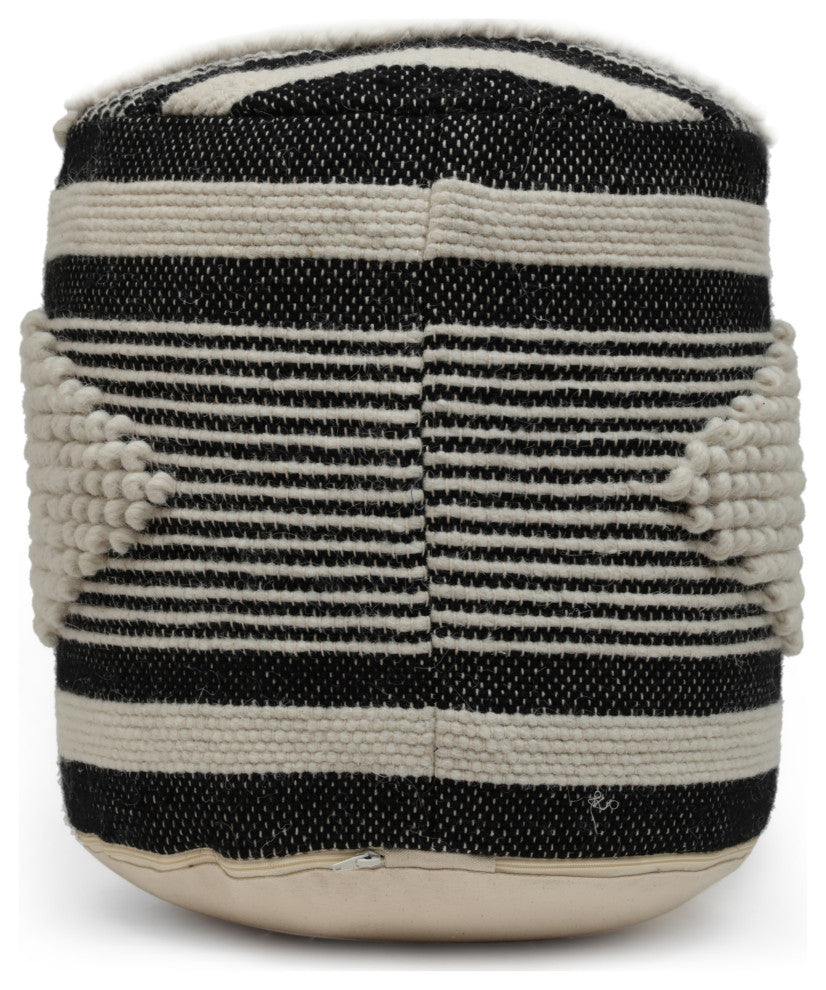 Villard Boho Handcrafted Fabric Cylinder Pouf, White + Black