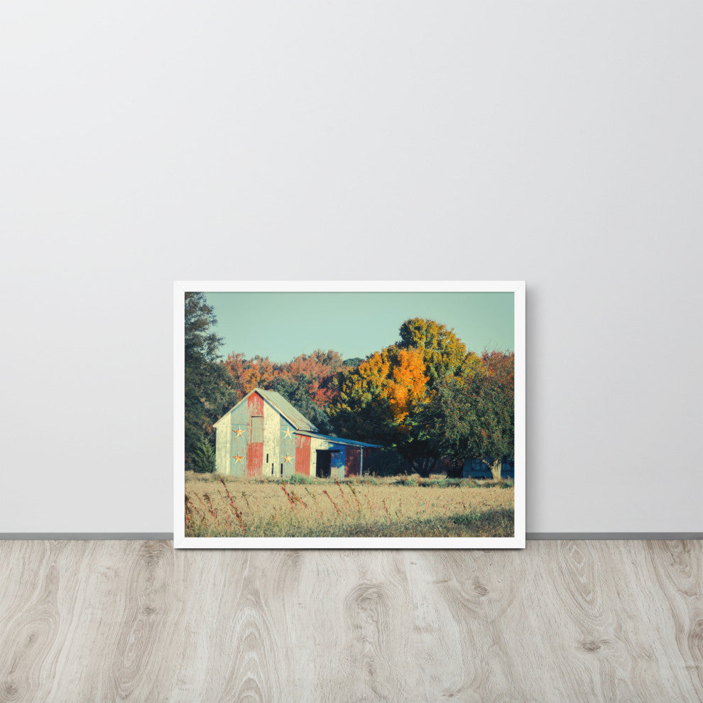 Patriotic Weathered Barn in Field Cross Processed Framed Photo Wall Art Prints, White, 18" X 24"