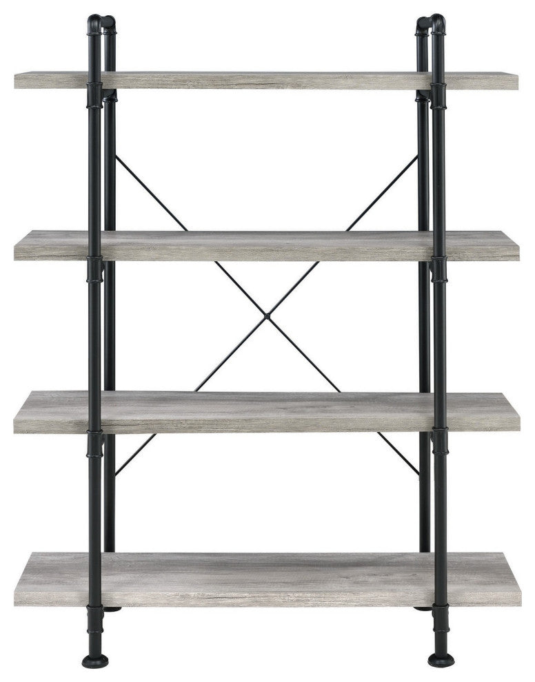 Benzara BM233213 56" 4 Tier Metal and Wooden Bookcase, Black and Gray