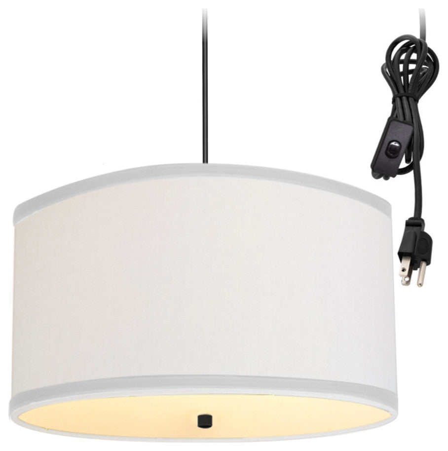 2 Light Swag Plug-In Pendant 18"w White Linen with Diffuser, Black Cord