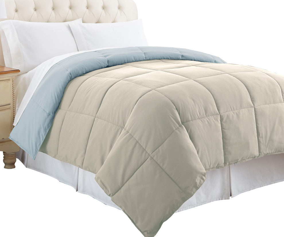 Benzara BM46021 Twin Size Box Quilted Reversible Comforter, Gray and Blue