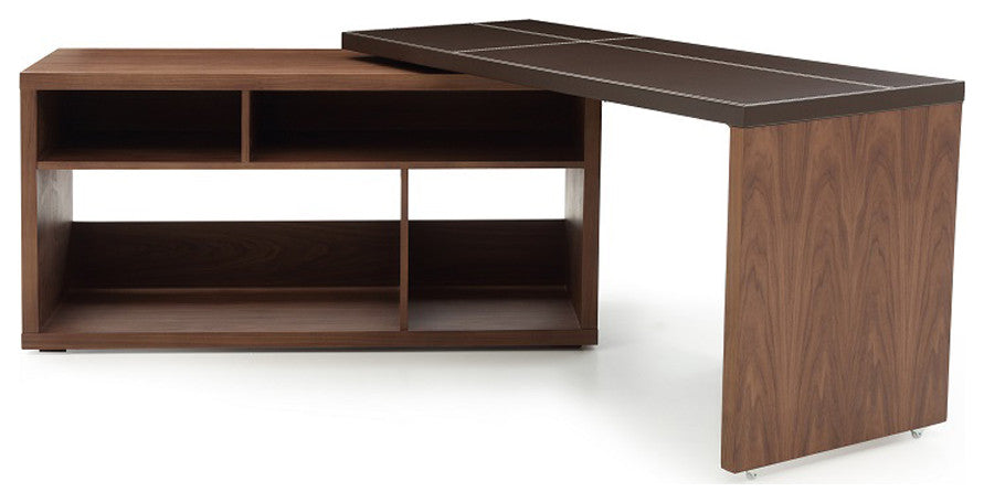 HomeRoots 29" Walnut and Brown Veneer L Shaped Desk With a Leather Top