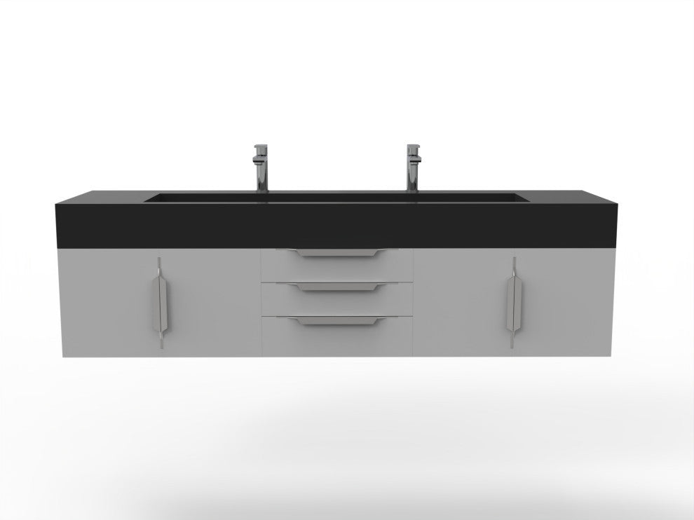 CastelloUSA Nile 72" Wall Mounted Bathroom Vanity Set, Gray, Black Top, Chrome Handles