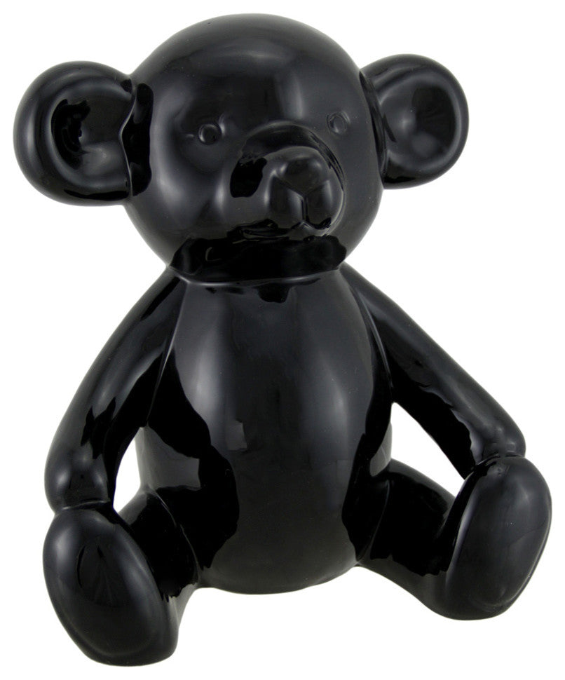 Glossy Black Ceramic Teddy Bear Statue 6 Inch