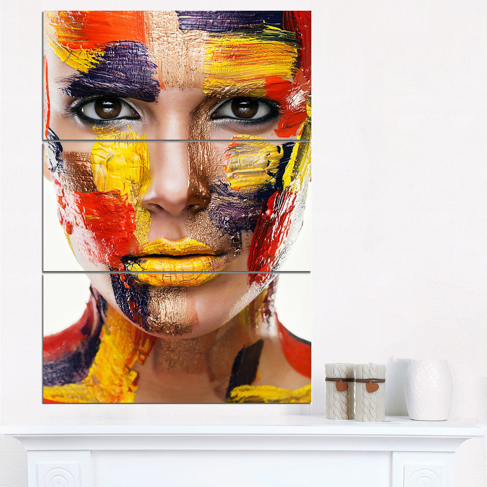 "Woman With Colorful Face" Glossy Metal Wall Art, 3 Panels, 28"x36"