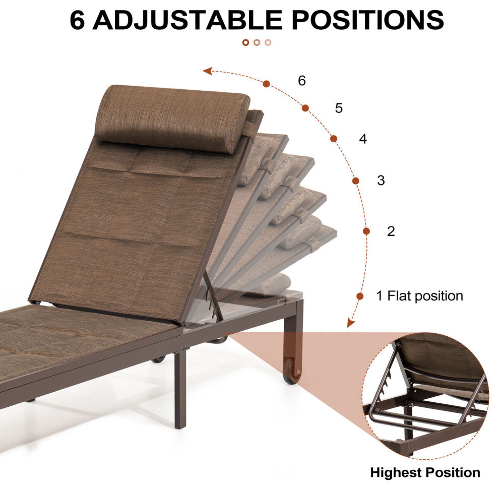 Outdoor Adjustable Quilted Chaise Lounge Chair with Wheels (Set of 2), Brown