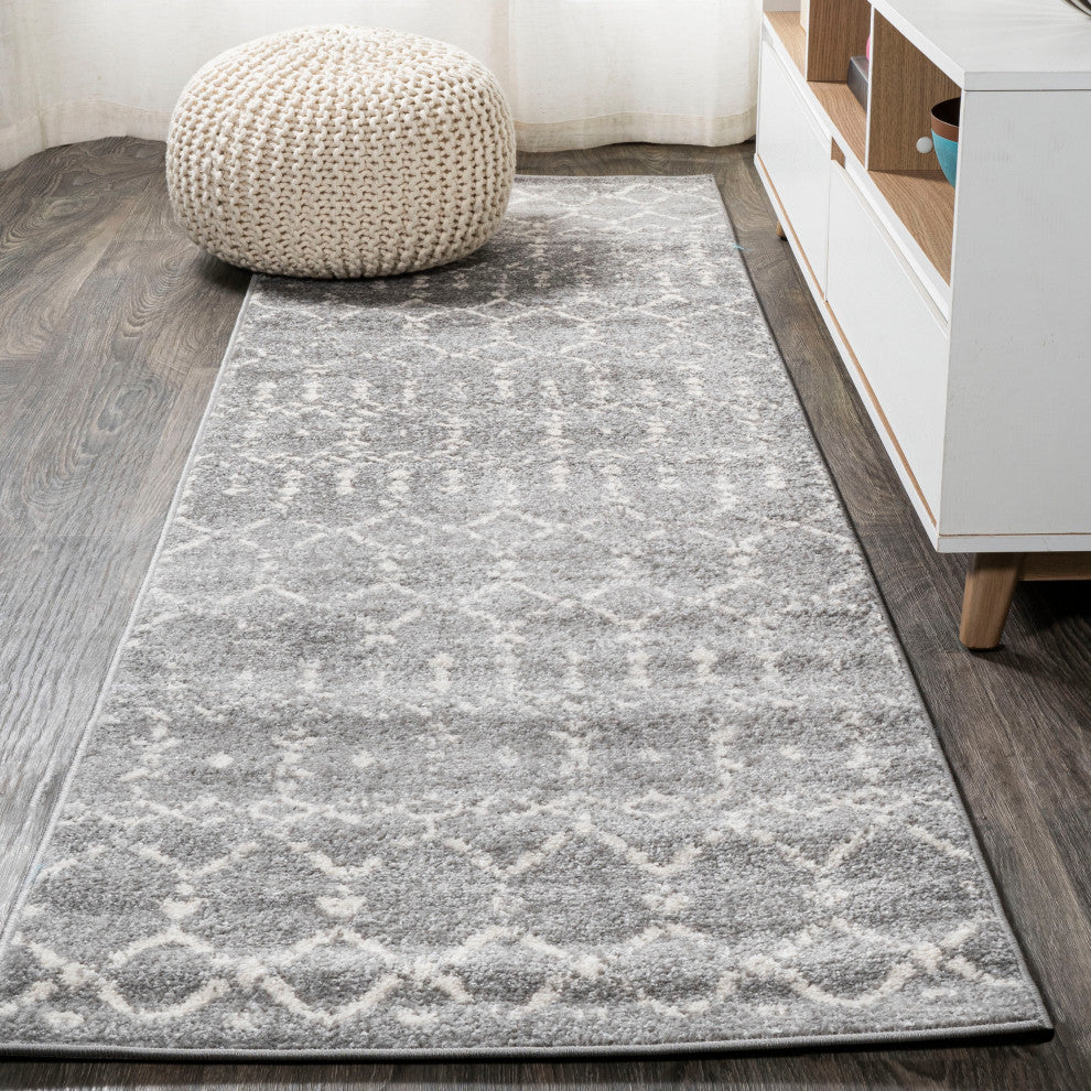 Moroccan HYPE Boho Vintage Diamond Runner Rug, Gray/Ivory, 2 X 8