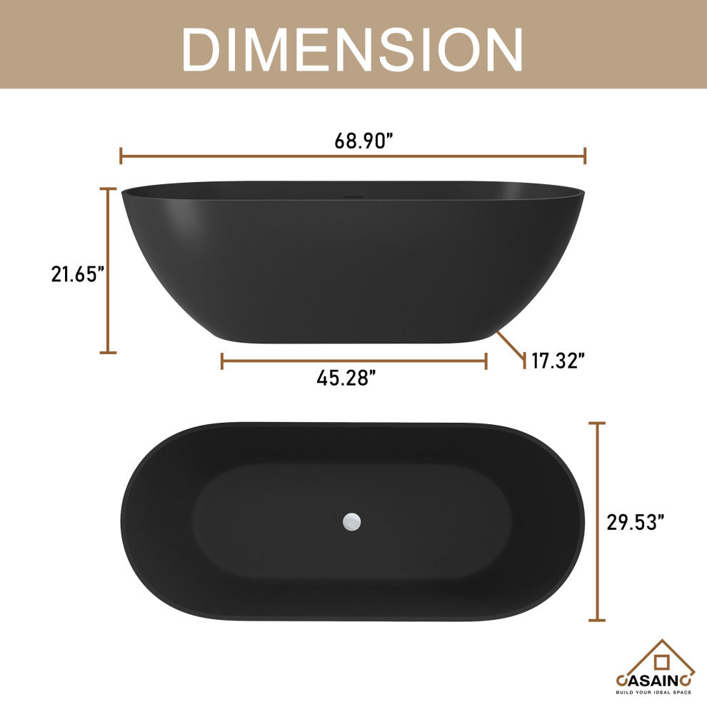 59in Solid Surface Freestanding Bathtub in Matte Black, 69in