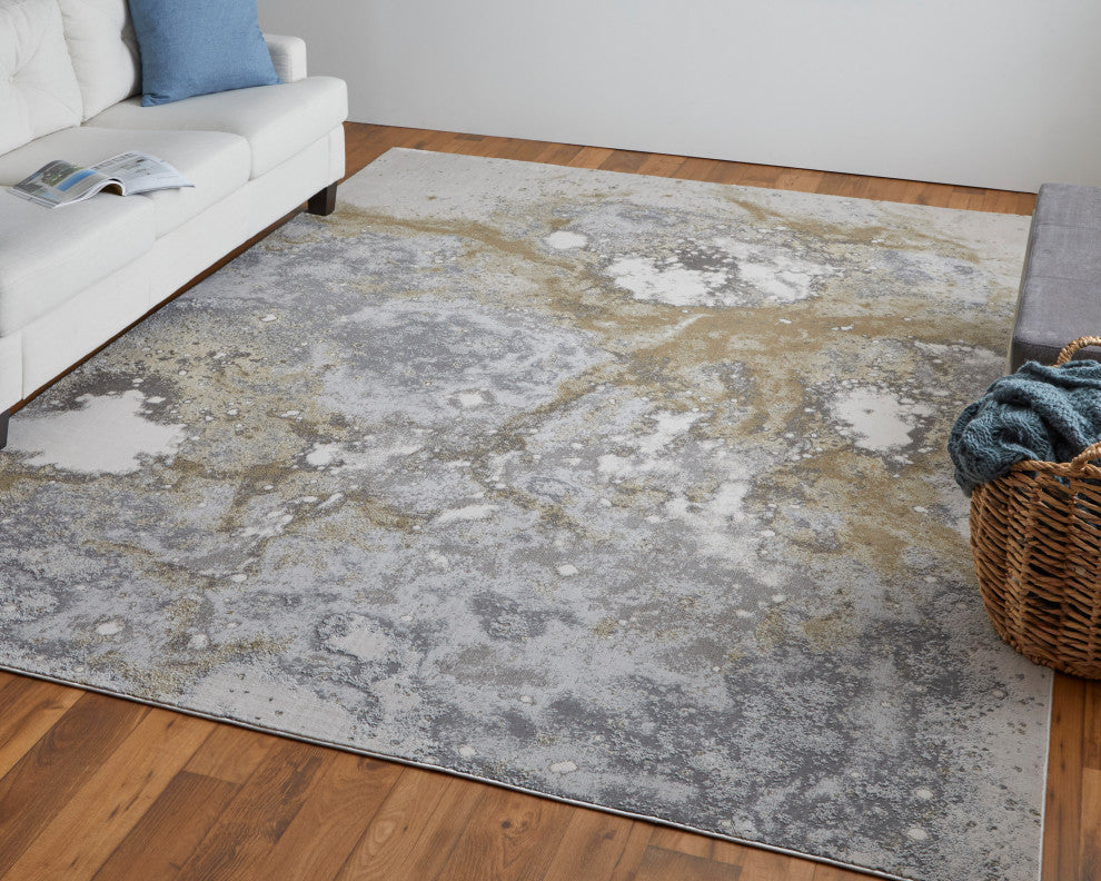 Oria Industrial Abstract Area Rug, Gray/Gold/Ivory, 8'x10'