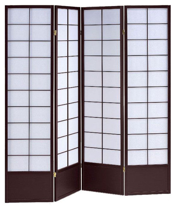 68" x 1" x 70" Black Shoji And Wood 4 Panel Screen