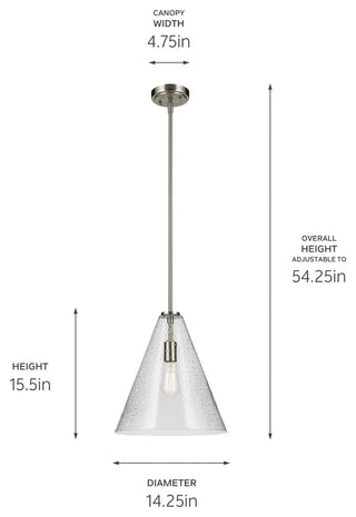 Everly 15.5" 1-Light Cone Pendant With Clear Seeded Glass, Brushed Nickel