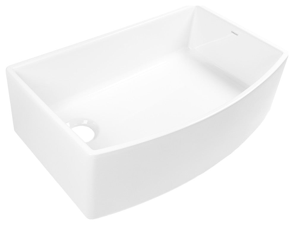 Austen Crisp White Fireclay 33" Single Bowl Bow Front Undermount Kitchen Sink
