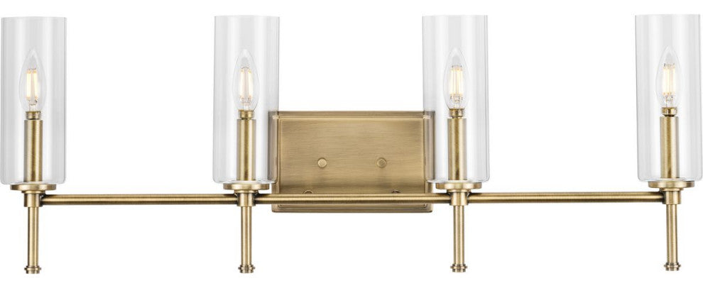 Elara Collection 31.65, 4-Light Vintage Brass Clear Glass Bath Vanity Light