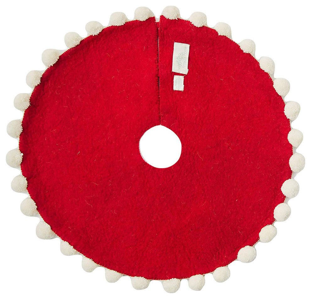 Mini Christmas Tree Skirt Pom Poms, Red Hand Felted Wool, 26"