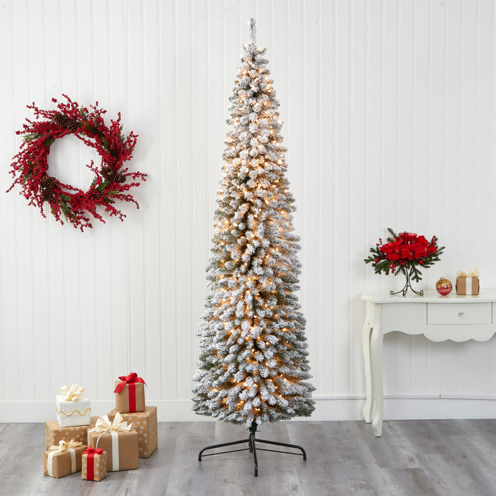 8' Flocked Pencil Faux Xmas Tree With 500 Clear Lights and 646 Bendable Branches