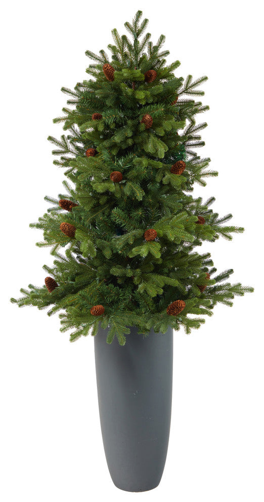 5' Yukon Mountain Fir Faux Xmas Tree W/Lights, Pinecones & 386 Bendable Branches