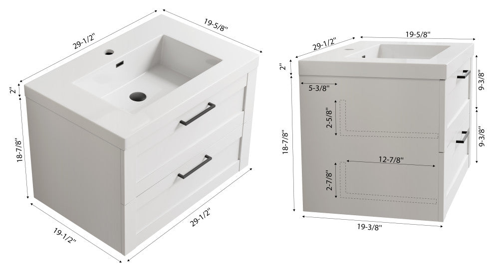 The Cosmo Wall Mounted Modern Bathroom Vanity, White, 30"
