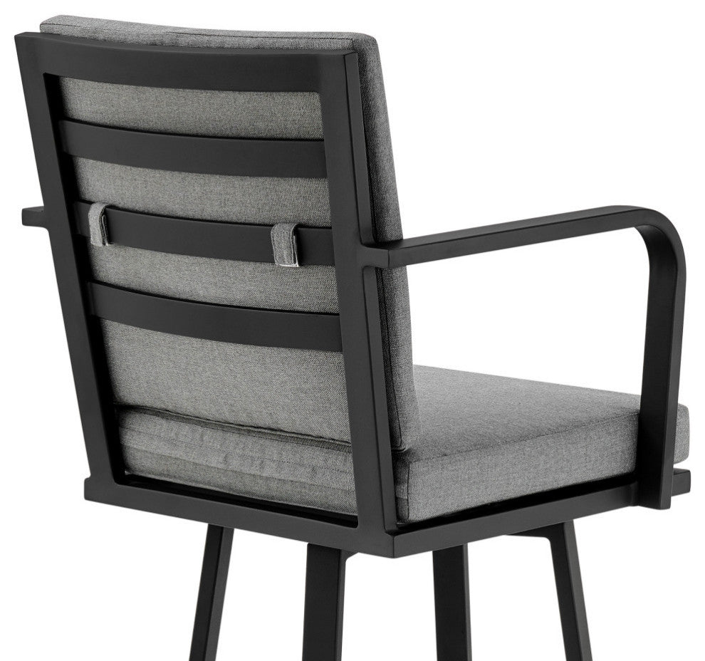 Don 30" Outdoor Patio Bar Stool, Black Aluminum With Gray Cushions, Black