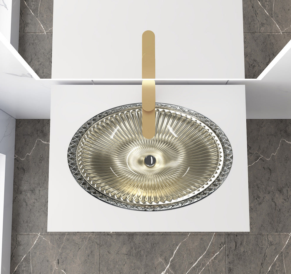 Olive Tempered Glass Oval Vessel Bathroom Sink, Silver