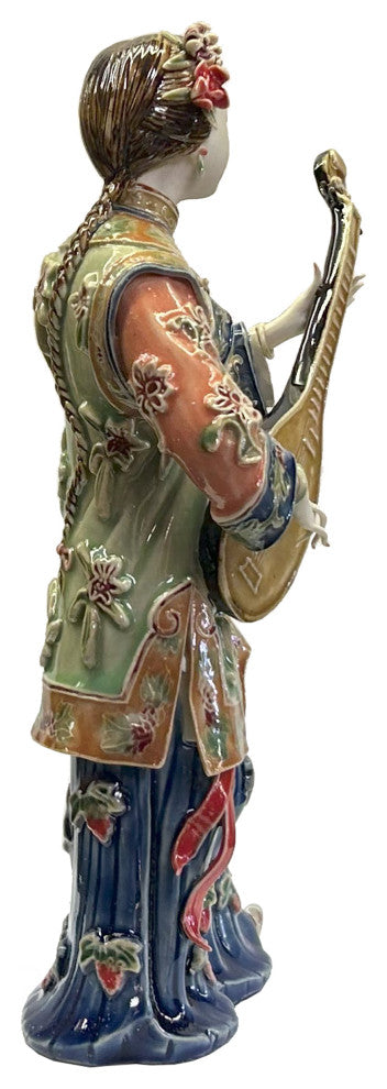 Chinese Porcelain Qing Style Dressing Pipa Playing Lady Figure