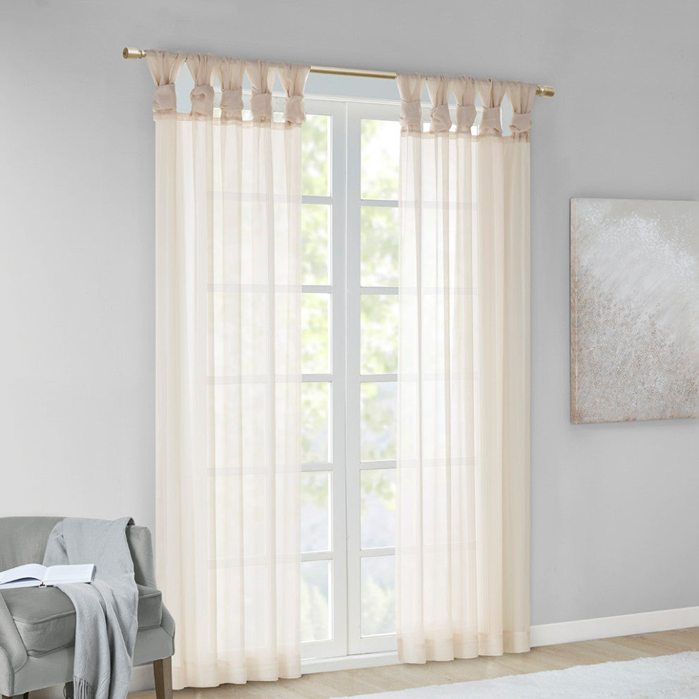 Madison Park Ceres Twist Tab Top Sheer Window Curtain Pair, Light Grey, Ivory, 50"w X 95"l